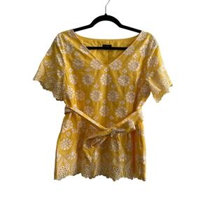Talbots Yellow Eyelet Floral Peplum Top V-Neck Short Sleeve Belted Size 10